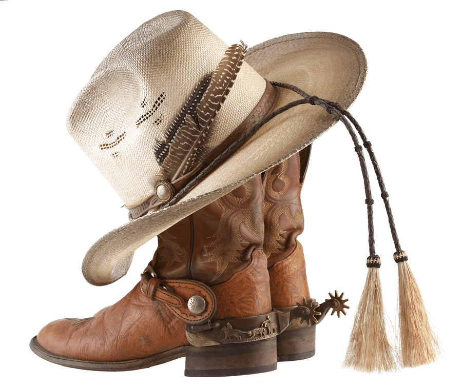 Cowboy boots and hat with white background