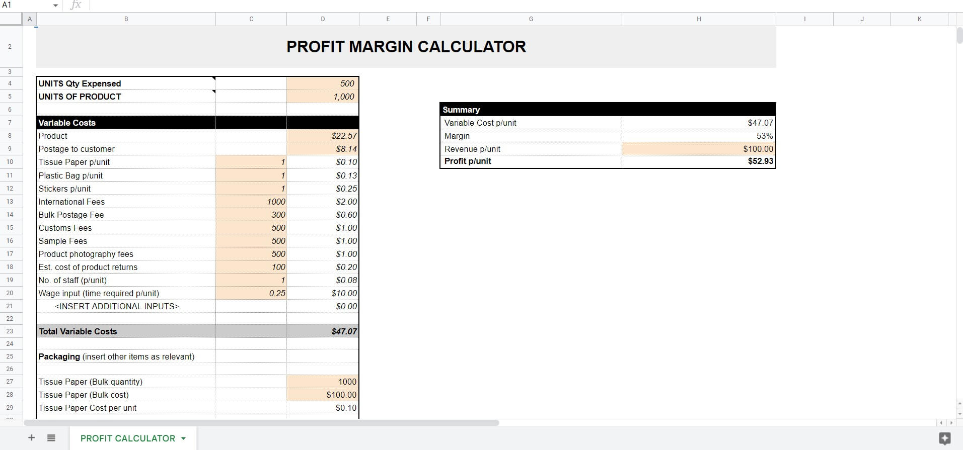 screenshot of the eCommerce Profit Margin Calculator