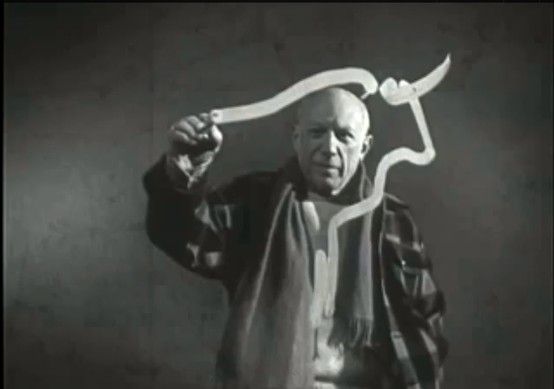 Picasso drawing an abstract bull