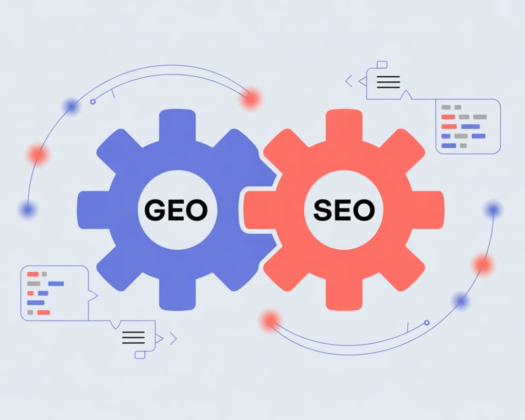 Cogs illustrating how GEO compliments SEO