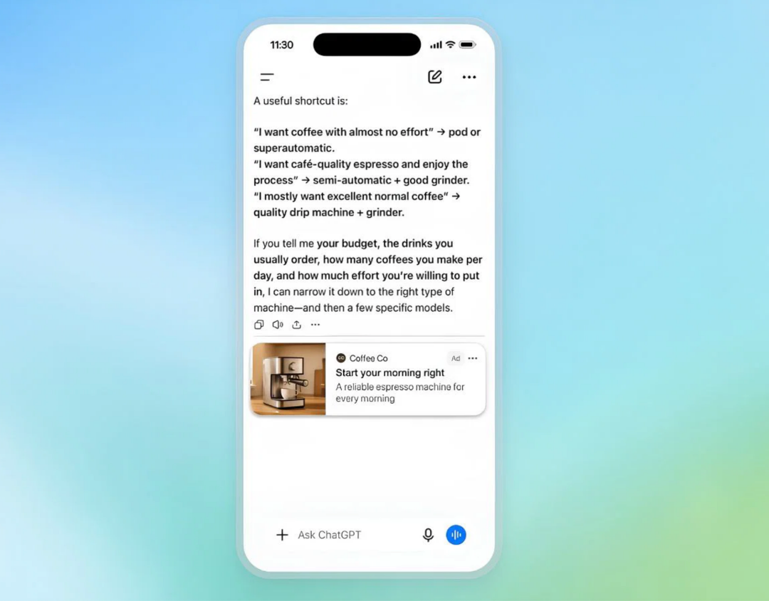 chat gpt ads coffee example
