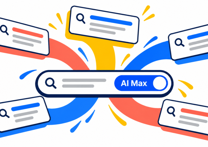 AI Max switched on in a search bar, with coloured paths branching out to five search result cards.
